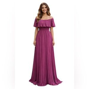 LUXXEL PURPLE PLEATED MAXI OFF SHOULDER DRESS SIZE MEDIUM
